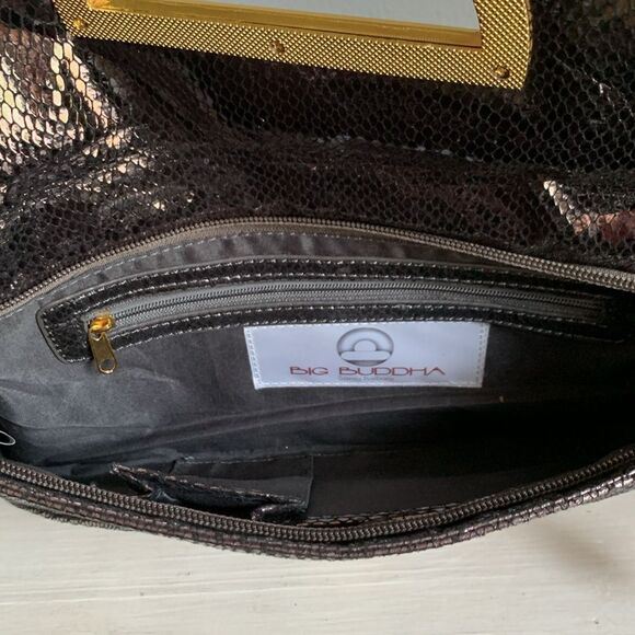 Big Buddha Metallic Gray Reptile Print Clutch With Gold Accents - Picture 3 of 3